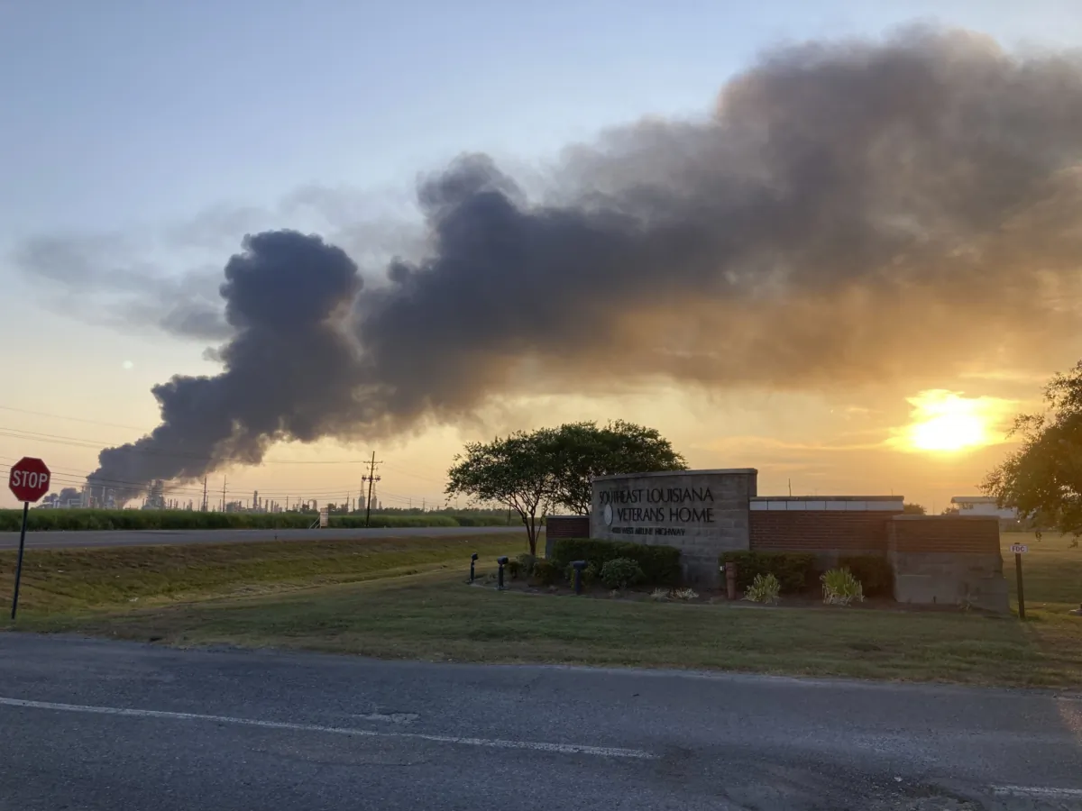 A plume of smoke drifts from the Marathon Petroleum refinery in Garyville, La., on Aug. 25, 2023, toward the Southeast Louisiana War Veterans Home in nearby Reserve, La. (AP Photo)
