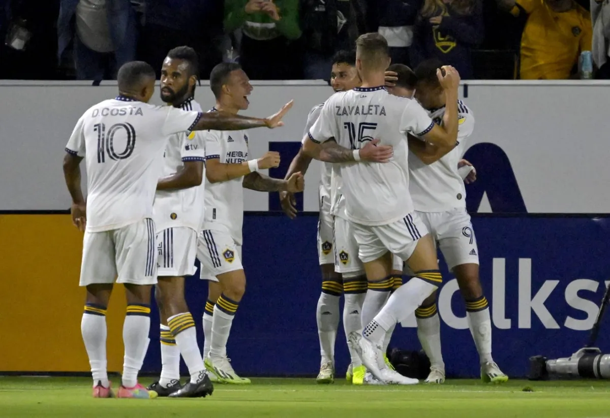 Los Angeles Galaxy players celebrate after a goal by midfielder Tyler Boyd (11) in the first half against the Chicago Fire at Dignity Health Sports Park in Carson, Calif., on Aug 26, 2023. (Jayne Kamin-Oncea/USA TODAY Sports via Field Level Media)