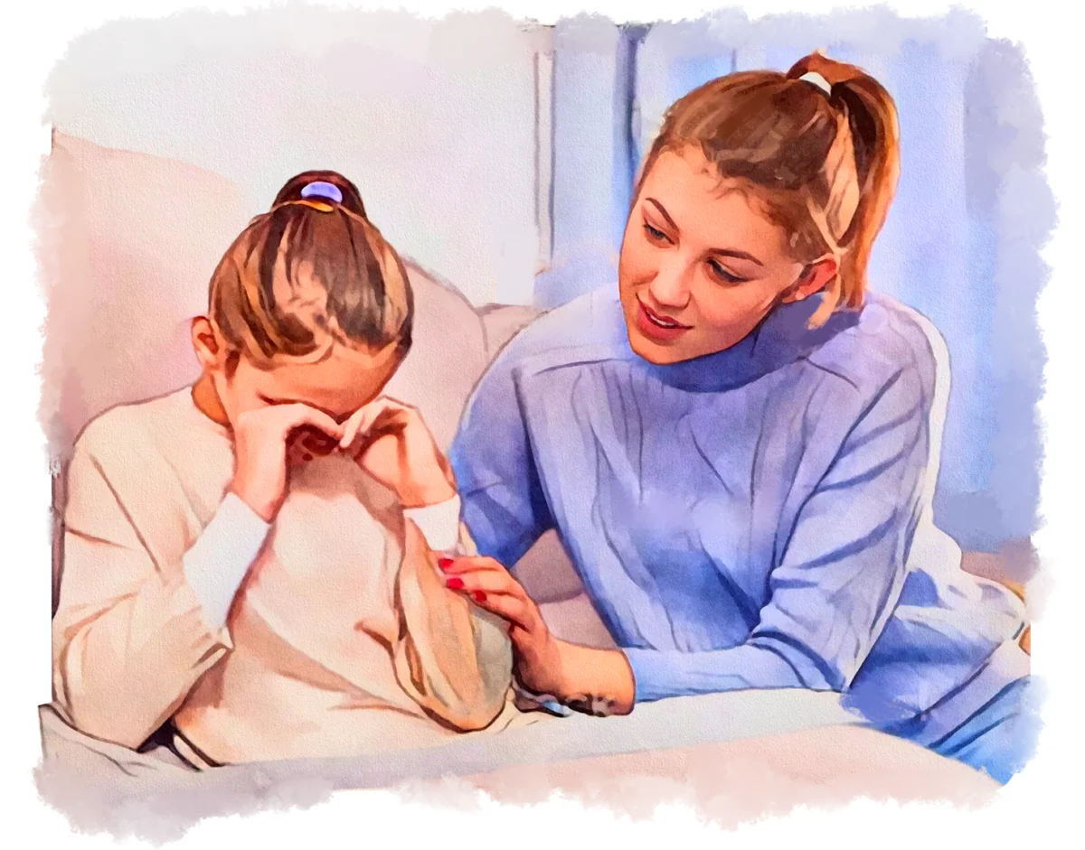 A mother comforts a child with calming words. (Fei Meng)