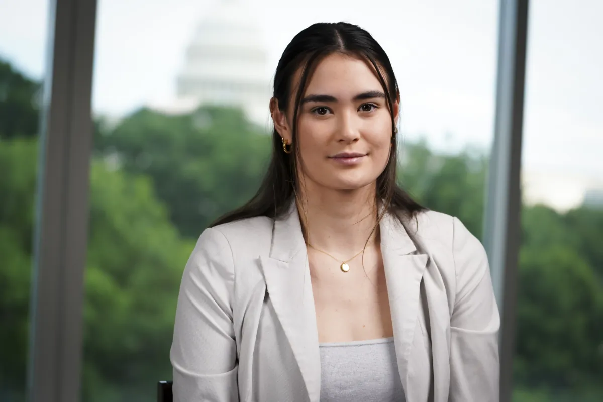 Paula Scanlan, a former NCAA swimmer, poses for a photo in Washington on July 3, 2023. (Madalina Vasiliu/The Epoch Times) 