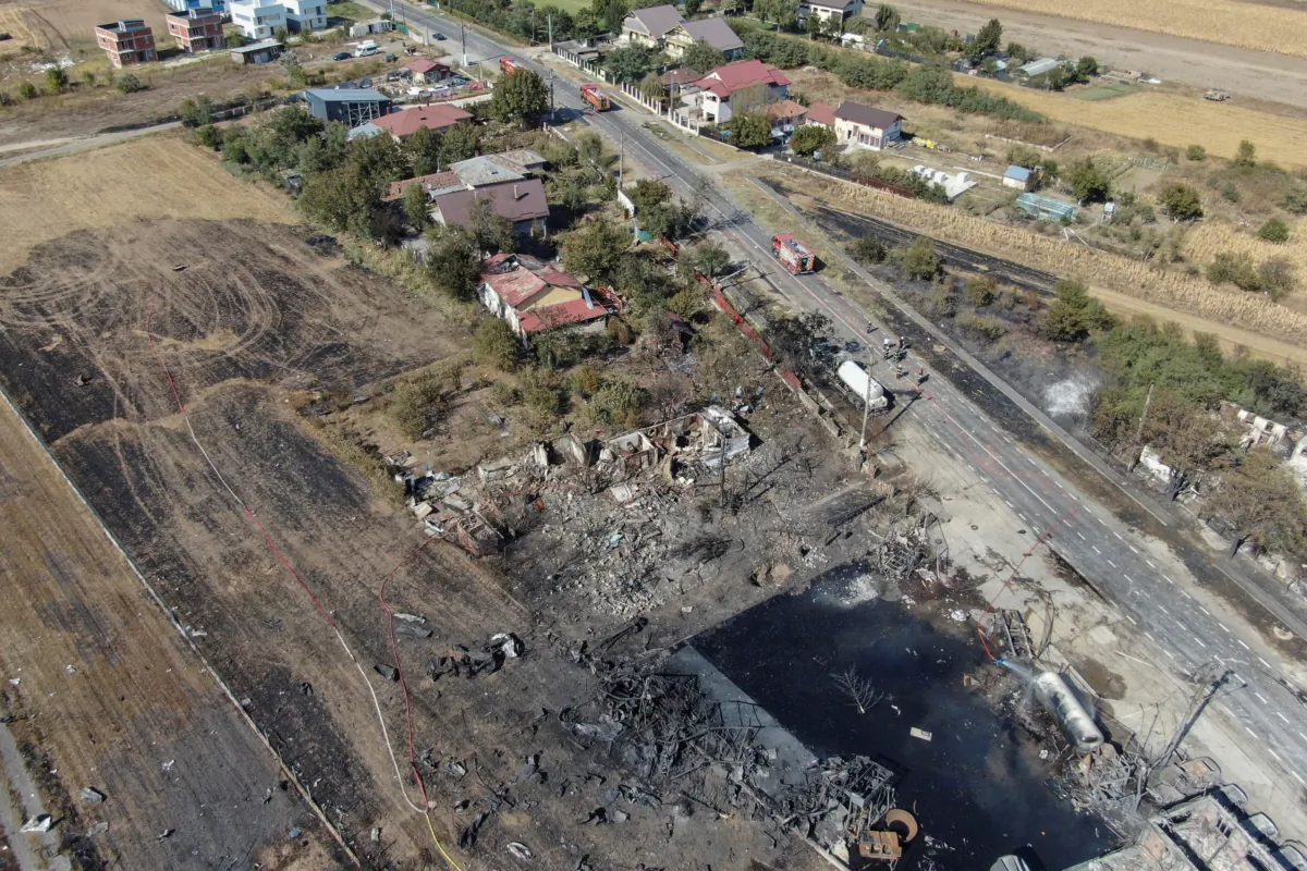 Aerial view of the site of an explosion at a LPG station in Crevedia, near Bucharest, Romania, on Aug. 27, 2023. (Inquam Photos/George Calin via Reuters)