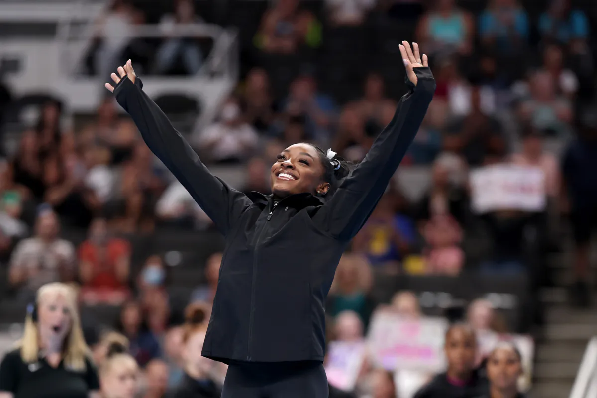 Simone Biles is introduced on day four of the 2023 U.S. Gymnastics Championships at SAP Center in San Jose, Calif., on Aug. 27, 2023. (Ezra Shaw/Getty Images)