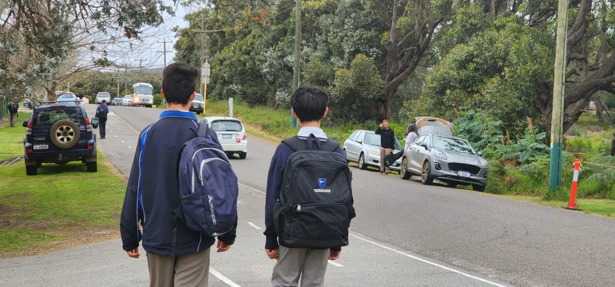 Two boys leaving school at home time in Albany, Western Australia, on Aug. 28, 2023. (Susan Mortimer/The Epoch Times)