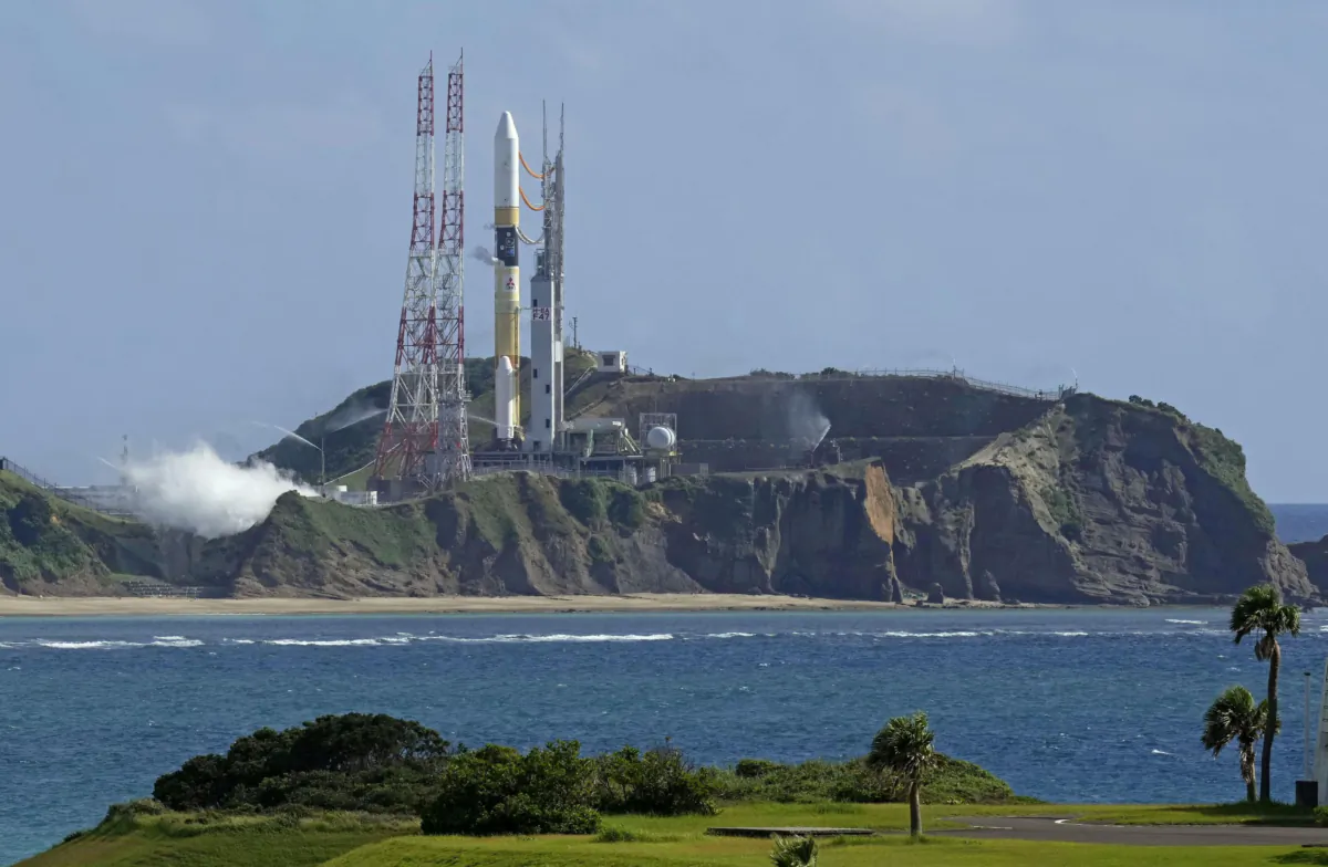 H-IIA launch vehicle number 47 is seen on the launching pad at Tanegashima Space Center on the southwestern island of Tanegashima, Japan, on Aug. 28, 2023. (Kyodo/via Reuters)