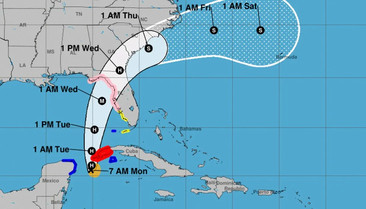 The National Hurricane Center released its forecast for Tropical Storm Idalia's path on Aug. 28, 2023, showing the storm forming into a major Category 3 hurricane before hitting somewhere along Florida's Gulf Coast. (NOAA/NHC)