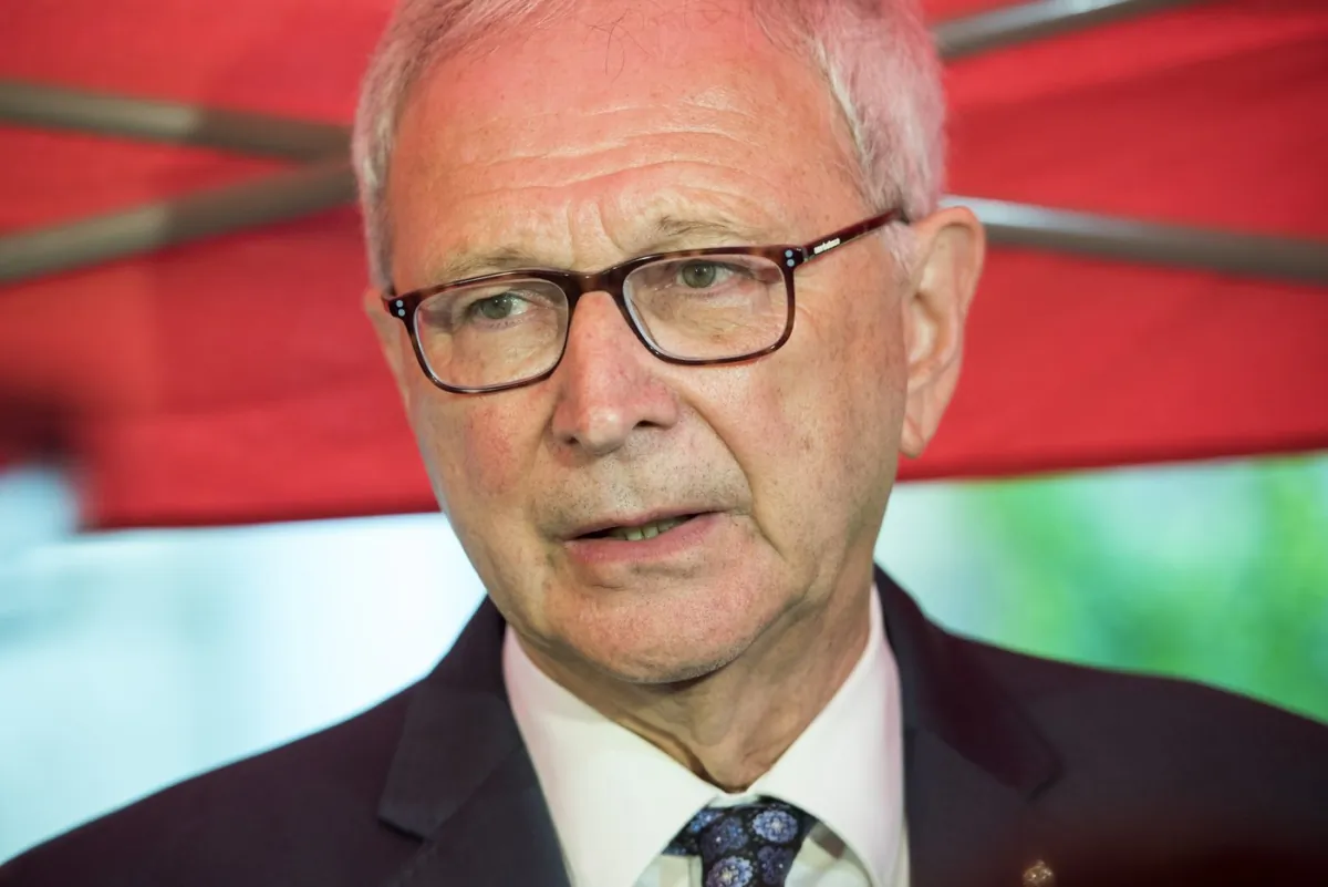 New Brunswick Premier Blaine Higgs is seen speaking to media outside Government House following a cabinet shuffle, in Fredericton, on June 27, 2023. (The Canadian Press/Stephen MacGillivray)