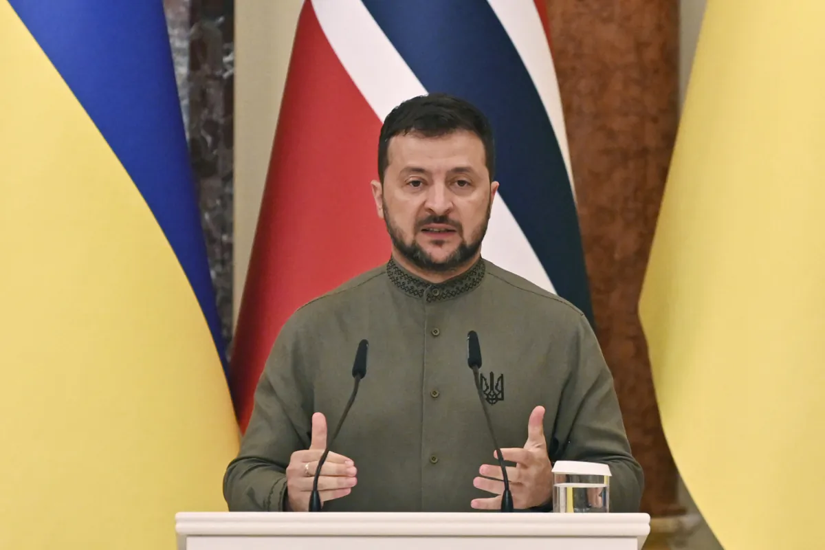 Ukraine's President Volodymyr Zelenskyy gives a press conference following his meeting with his Norwegian ounterpart in Kyiv, Ukraine, on Aug. 24, 2023. (Sergei Chuzavkov/AFP via Getty Images)