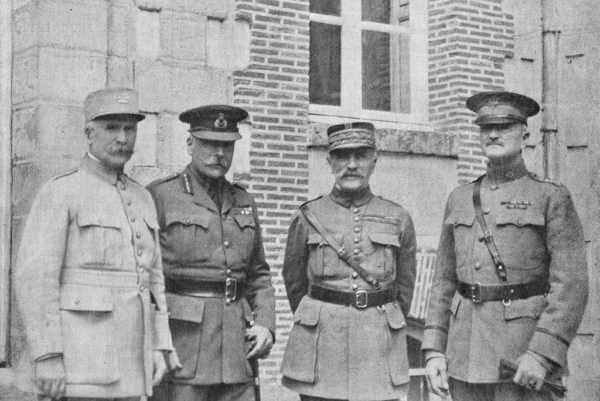 Marshall Philippe Pétain, British Field Marshal Douglas Haig, Maréchal Ferdinand Foch, and American Gen. John Pershing