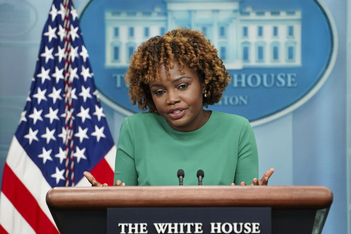 White House Press Secretary Karine Jean-Pierre speaks during a press briefing at the White House in Washington on Aug. 28, 2023. (Madalina Vasiliu/The Epoch Times)
