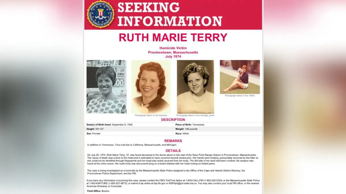 A poster seeking information for homicide victim Ruth Marie Terry in 1974. (FBI via AP)