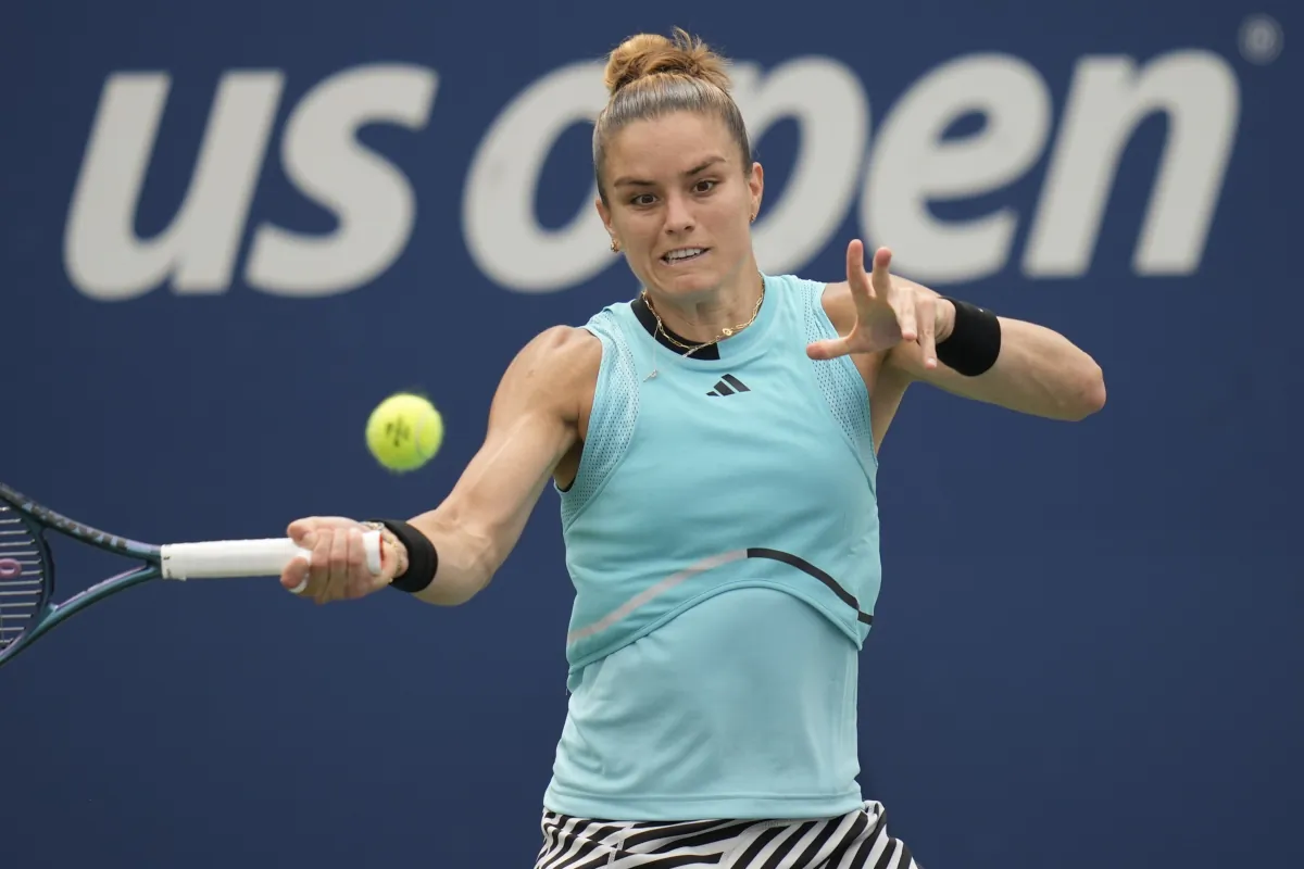 Maria Sakkari, of Greece, returns a shot to Rebeka Masarova, of Spain, during the first round of the U.S. Open tennis championships in New York on Aug. 28, 2023. (Charles Krupa/AP Photo)
