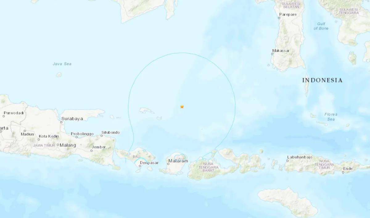 A map shows the location of a  magnitude 7.1 earthquake that struck the Bali Sea region of Indonesia on Aug. 29, 2023.(USGS/Screenshot via The Epoch Times)