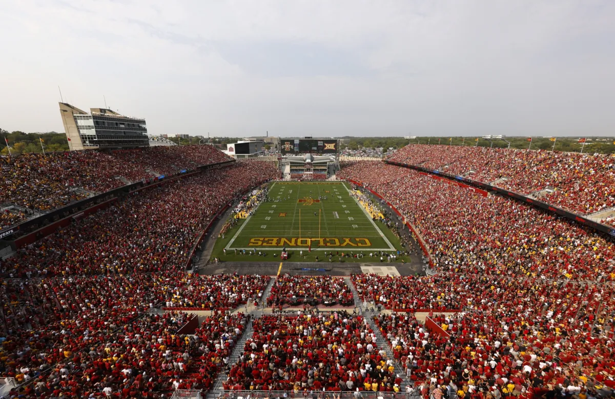 Iowa State takes on Iowa in a sellout crowd of 61,500 people at Jack Trice Stadium during the first half of an NCAA college football game in Ames, Iowa, on Sept. 11, 2021. (Matthew Putney/AP Photo)