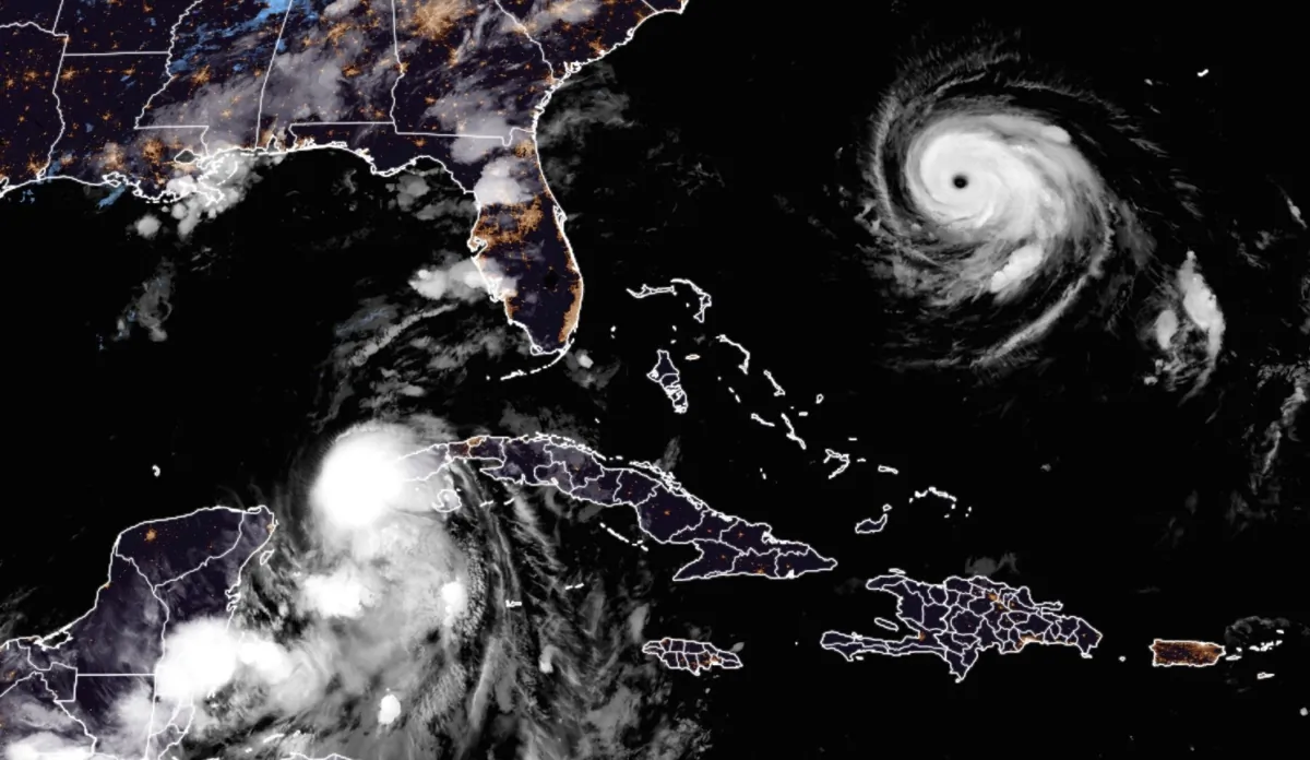NOAA Satellite imagery of Tropical Storm Idalia strengthening in the Gulf as it moves northward toward Florida and Cat 4 Hurricane Franklin in the Atlantic (right) on Aug. 28, 2023. (Screenshot via The Epoch Times/CIRA/RAMMB)