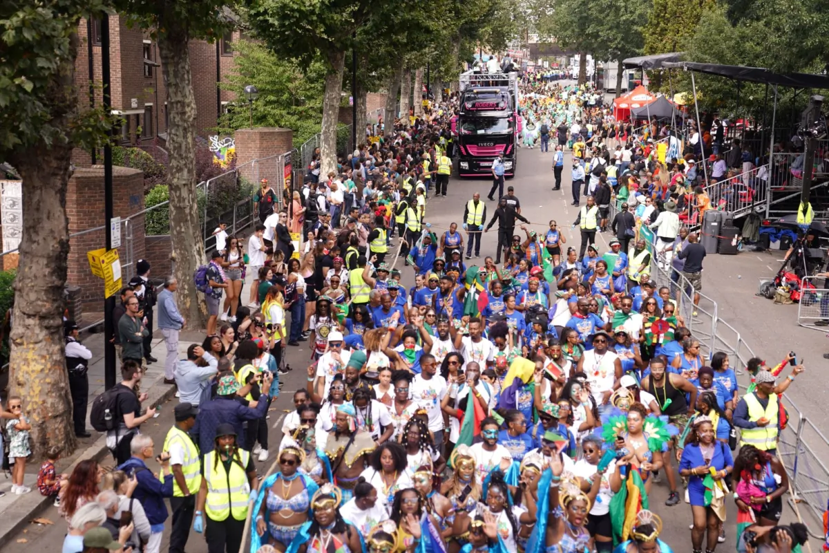The adults' parade at Notting Hill Carnival celebration in west London on Aug. 28, 2023. (PA)