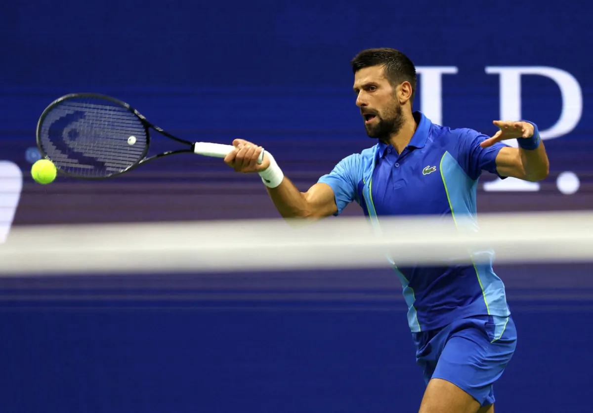Serbia's Novak Djokovic in action during his first round match against France’s Alexandre Muller at U.S. Open, at Flushing Meadows, N.Y., on Aug. 28, 2023. (Mike Segar/Reuters)