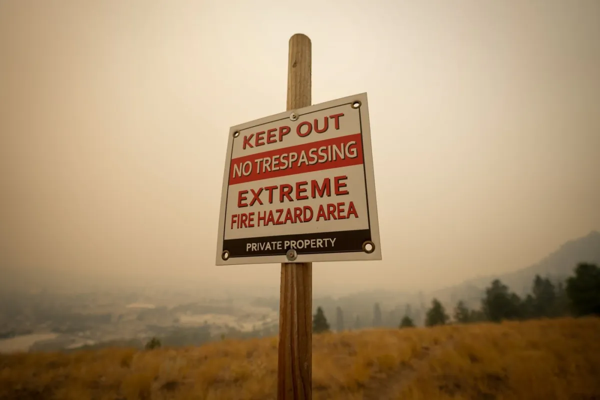 A warning sign about fire risk is seen as smoke from wildfires fills the air in Kelowna, B.C., on Aug. 19, 2023. (The Canadian Press/Darryl Dyck)