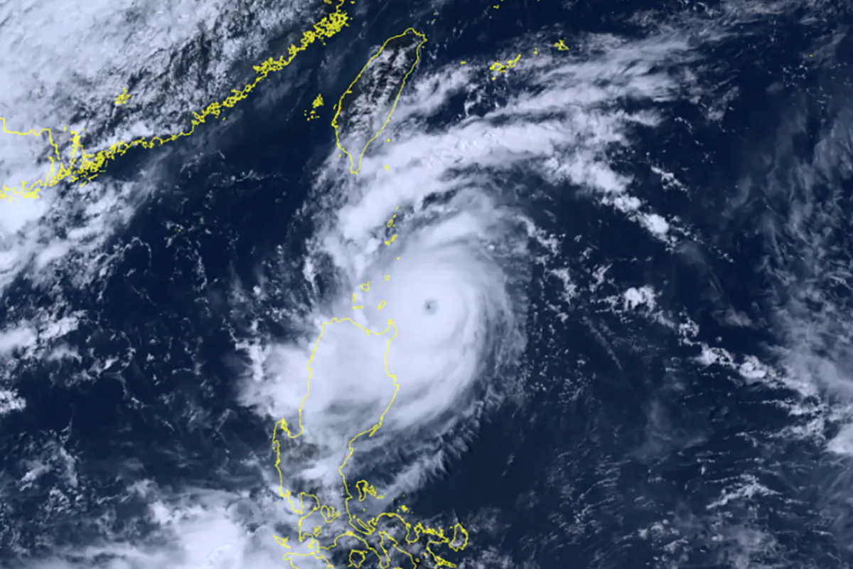 A satellite image shows Typhoon Saola moving north towards Taiwan on Aug. 29, 2023. (Courtesy of National Institute of Information and Communications Technology (NICT) via AP)