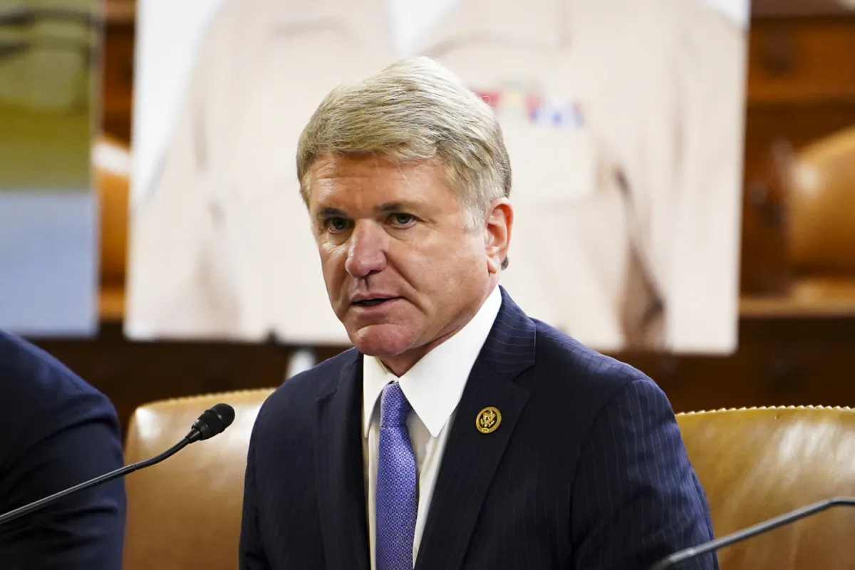 Rep. Michael McCaul (R-Texas), House Foreign Affairs Committee Chairman, speaks during a roundtable discussion with the families of the U.S. service members killed in the terrorist attack at the Hamid Karzai International Airport (HKIA)’s Abbey Gate in Washington on Aug. 29, 2023. (Madalina Vasiliu/The Epoch Times