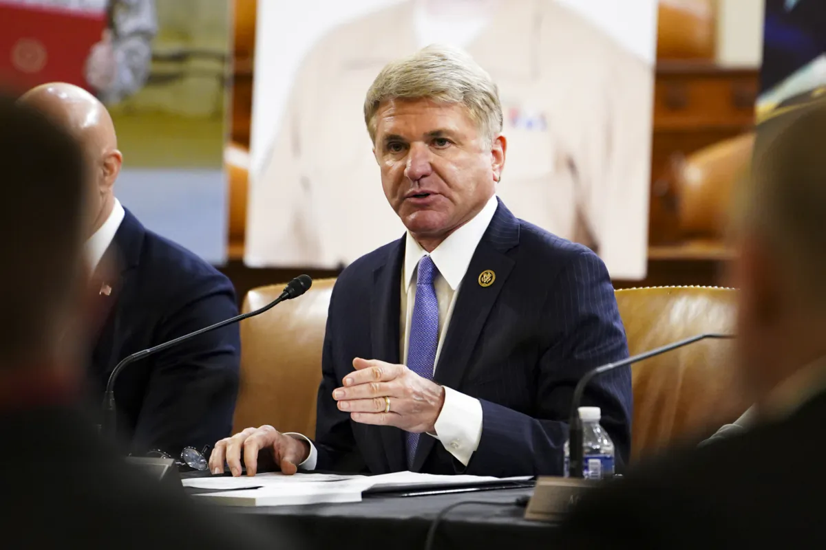 Rep. Michael McCaul (R-Texas), House Foreign Affairs Committee Chairman, speaks during a roundtable discussion with the families of the U.S. service members killed in the terrorist attack at the Hamid Karzai International Airport (HKIA)’s Abbey Gate in Washington on Aug. 29, 2023. (Madalina Vasiliu/The Epoch Times