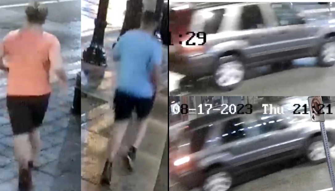 Photos of two suspects Owen Sound Police believe were involved in the serious assault of restaurant owner Sharif Rahman in downtown Owen Sound on Aug. 17, 2023. The suspect vehicle involved is similar to a gray or blue 2000’s model Ford Escape or Mazda Tribute. (HO-Owen Sound Police)