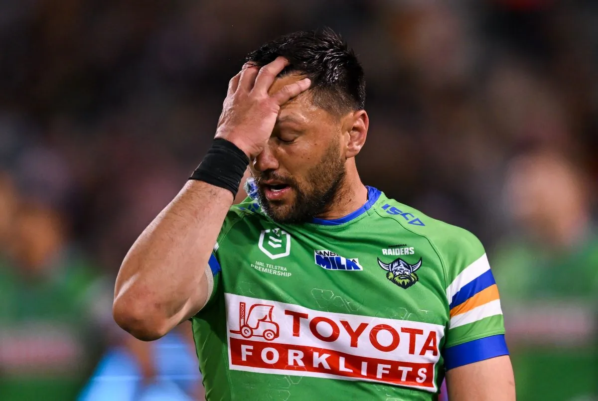 Jordan Rapana of the Raiders reacts during the NRL Round 26 match between the Canberra Raiders and the Brisbane Broncos at GIO Stadium in Canberra, Saturday, August 26, 2023. (AAP Image/Lukas Coch)