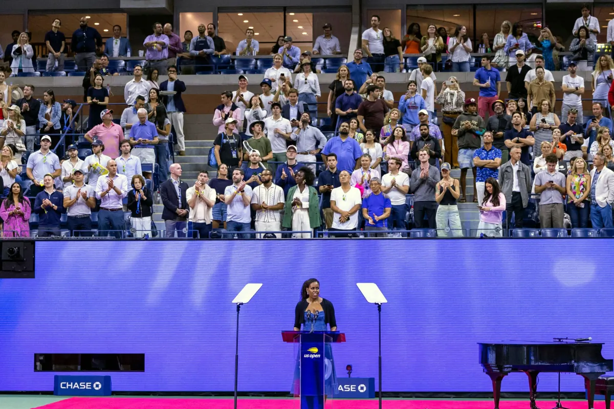 Former U.S. First Lady Michelle Obama speaks during the opening night ceremony of the 2023 U.S. Open tennis tournament at the USTA Billie Jean King National Tennis Center in New York City on Aug. 28, 2023. (Corey Sipkin/AFP via Getty Images)