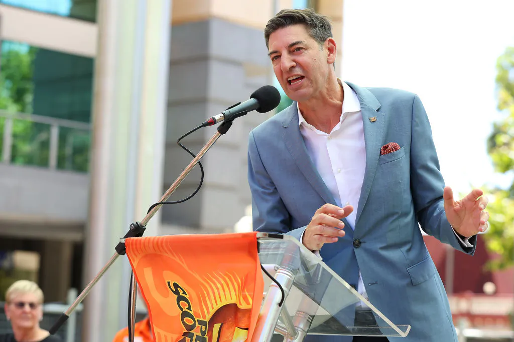 Current Western Australia Liberal Party leader Basil Zempilas talks on stage during the Perth Scorchers Fan Day at Forrest Chase in Perth, Australia on Jan. 30, 2023. (Paul Kane/Getty Images for Cricket Australia)