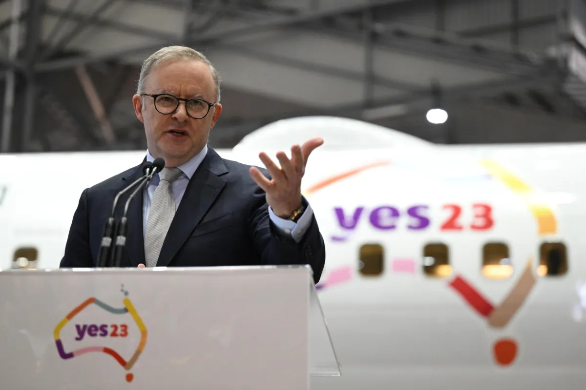 Prime Minister Anthony Albanese speaking as QANTAS unveil their Yes23 livery being carried on some of their aircraft at Sydney Domestic Airport in Sydney, Australia, on Aug. 14, 2023. (AAP Image/Dean Lewins)