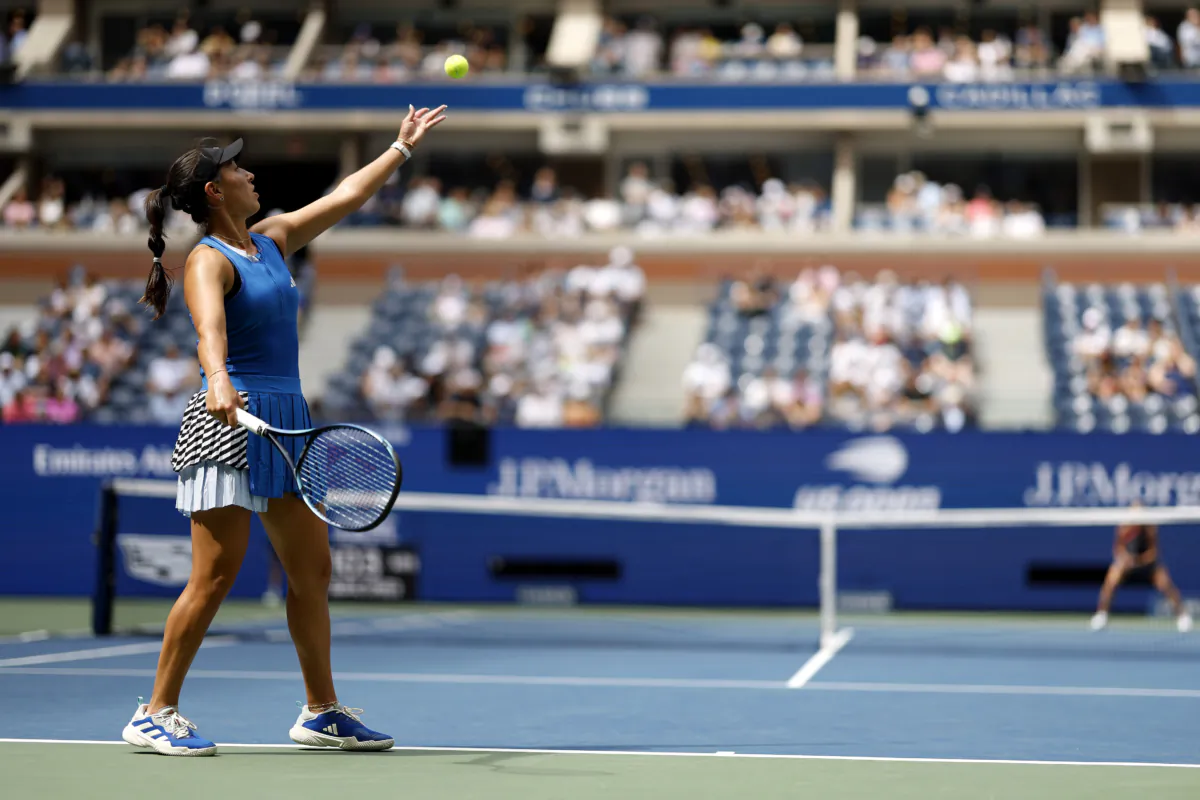 Jessica Pegula of the United States serves to Camila Giorgi of Italy during their Women's Singles First Round match on Day Two of the 2023 US Open at the USTA Billie Jean King National Tennis Center in the Flushing neighborhood of the Queens borough of New York City, on August 29, 2023. (Sarah Stier/Getty Images)