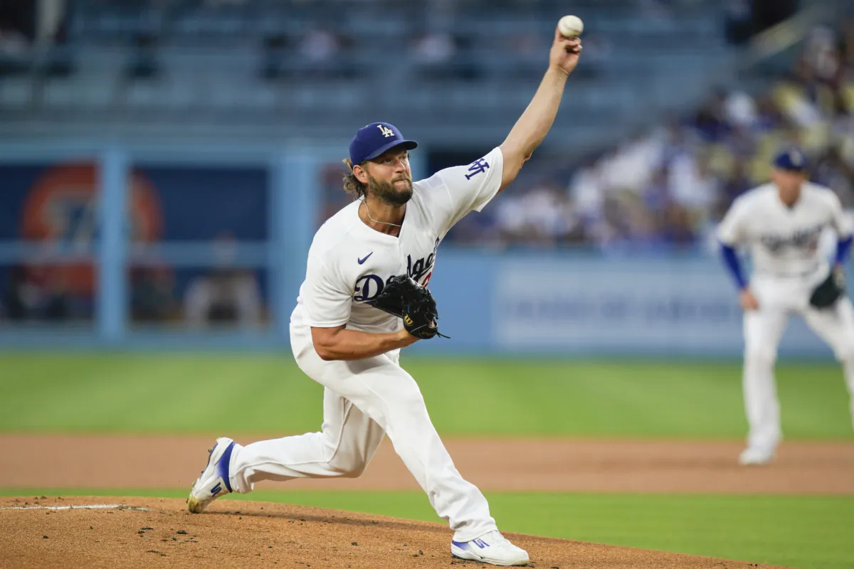 Los Angeles Dodgers starting pitcher Clayton Kershaw throws to an Arizona Diamondbacks batter during the first inning of a baseball game in Los Angeles on Aug. 29, 2023. (Ryan Sun/AP Photo)