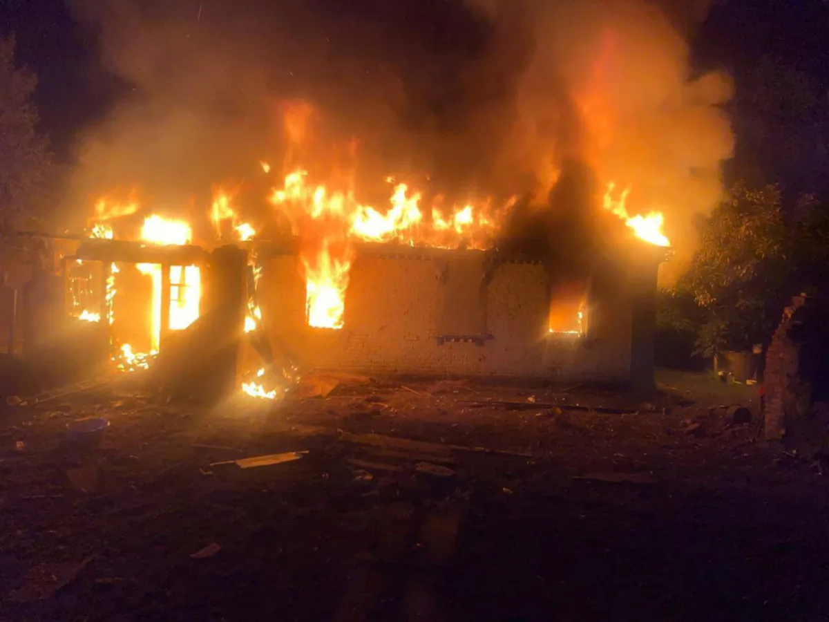 A view shows at the site of a residential area hit by a Russian drone and missile strikes strike, amid Russia's attack on Ukraine, in Kyiv region, Ukraine, on Aug. 30, 2023. (Head of the National Police of Kyiv region Andrii Nebytov via Telegram/Handout via Reuters)
