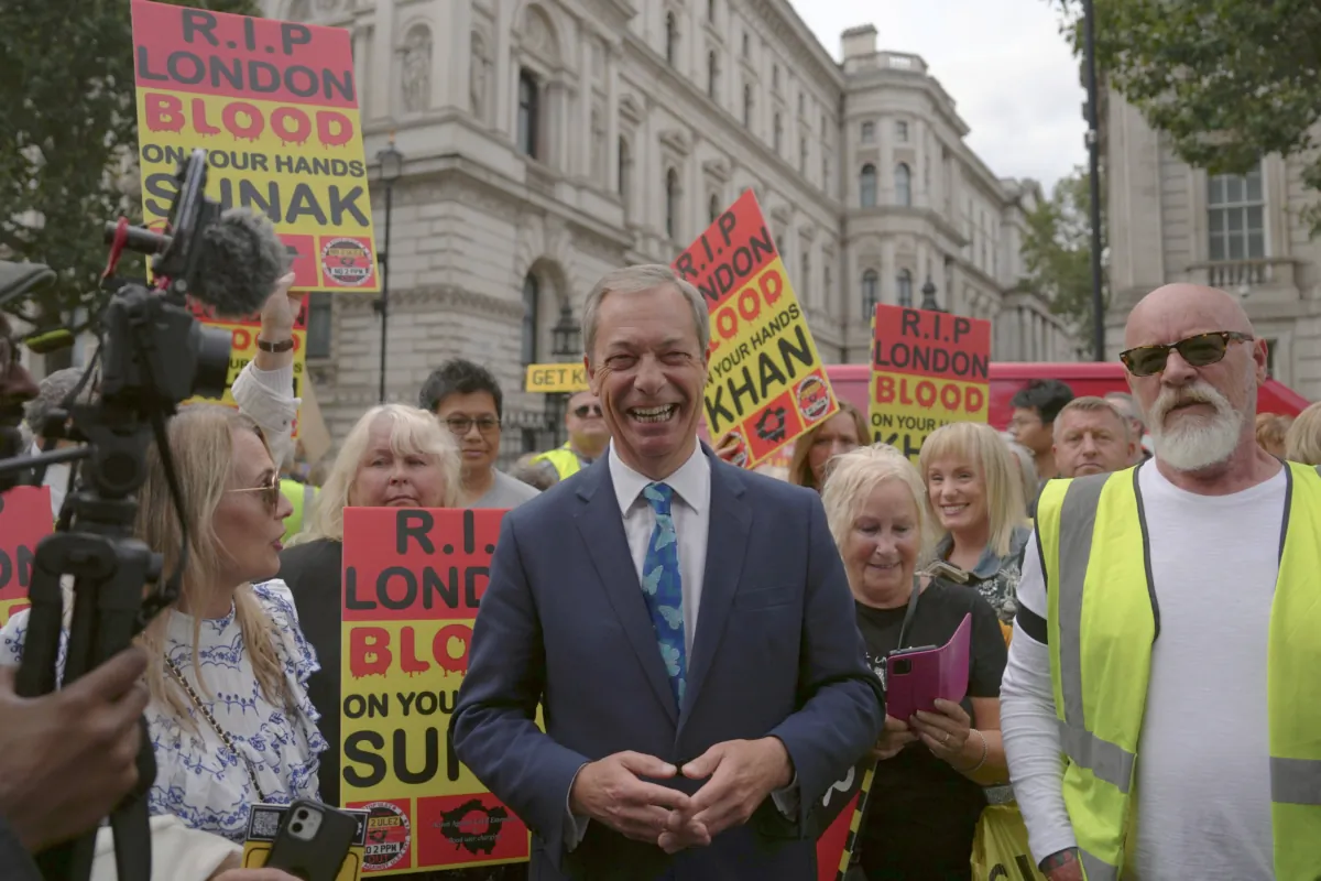 Nigel Farage, former Brexit Party leader attends the Stop ULEZ protest at Parliament Square in London on Aug. 29, 2023. (Carl Court/Getty Images)