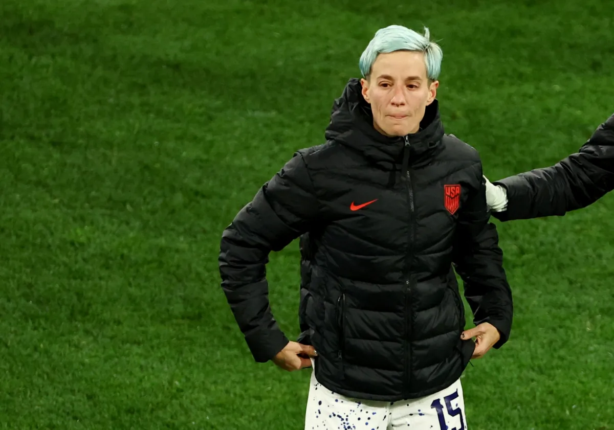 Megan Rapinoe of the U.S. looks dejected after the losing the penalty shootout and being knocked out of the World Cup at FIFA Women’s World Cup Australia and New Zealand 2023, Round of 16, between the match of Sweden v United States in Melbourne Rectangular Stadium, Melbourne, Australia, on Aug. 6, 2023. (Hannah Mckay/Reuters)