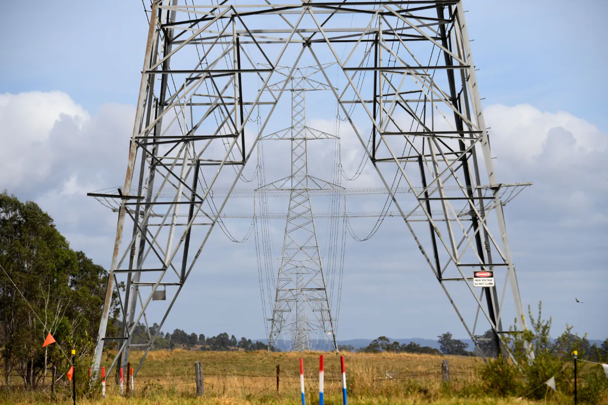 An electricity tower going through a rural property in New South Wales, Australia on Oct. 17, 2017. (AAP Image/Brendan Esposito)
