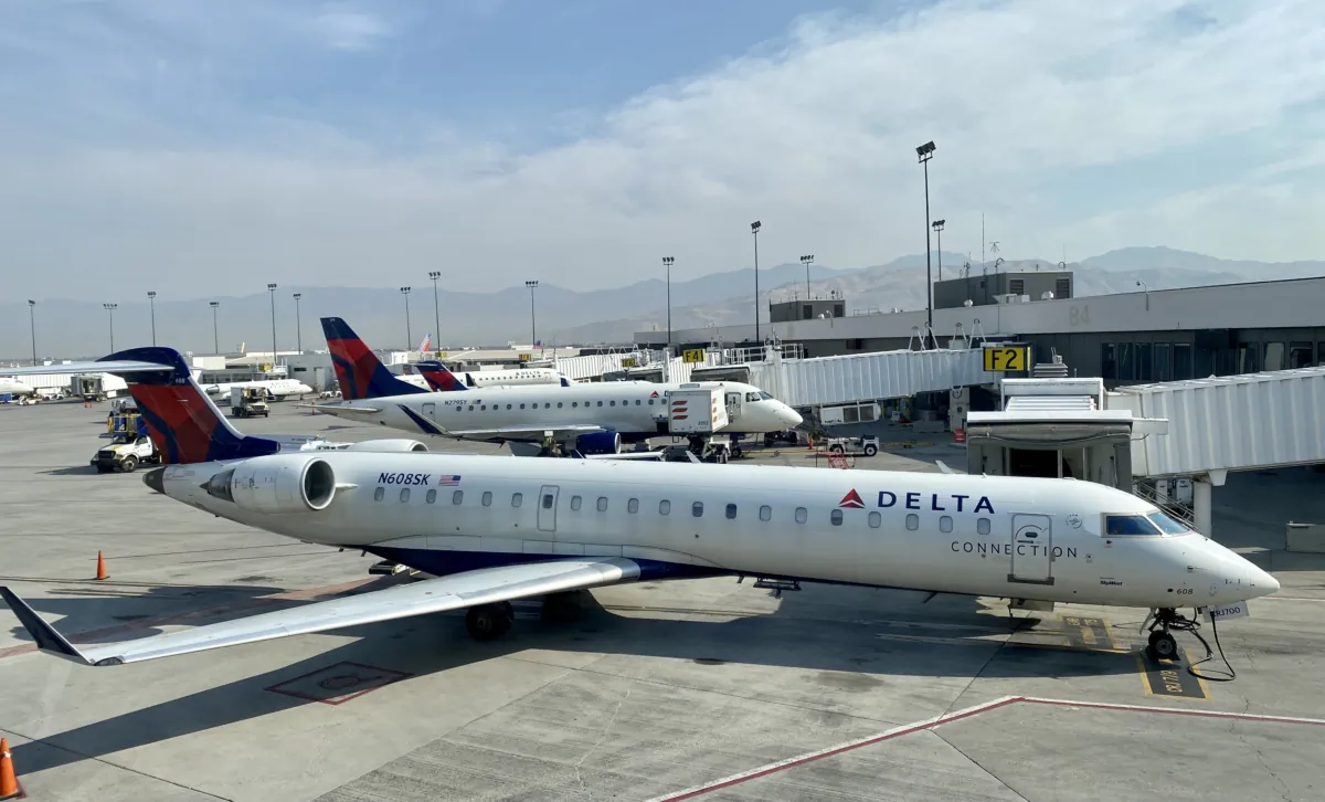 A Delta Airlines plane is seen at the gate at Salt Lake City International Airport, on Oct. 5, 2020. (Daniel Slim/AFP via Getty Images)
