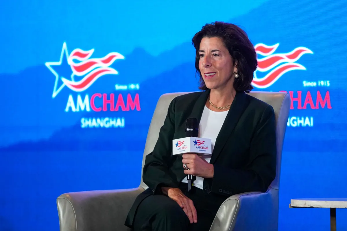 U.S. Secretary of Commerce Gina Raimondo speaks at AmCham Shanghai's Women's Executive Network's 2023 WeForShe Conference in Shanghai, China, on Aug. 30, 2023. (Aly Song/Pool/AFP via Getty Images)