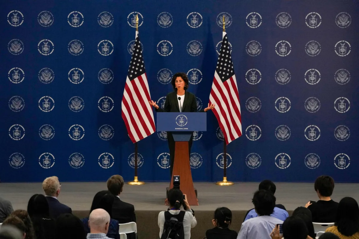 U.S. Commerce Secretary Gina Raimondo speaks during a press conference at the Boeing Shanghai Aviation Service Co. in Shanghai on Aug. 30, 2023. (Andy Wong/Pool/ AFP via Getty Images)