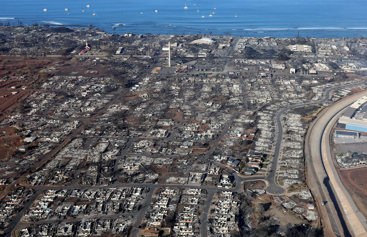 In an aerial view, what is left of homes and businesses destroyed by a wildfire, in Lahaina, Hawaii, on Aug. 11, 2023. (Justin Sullivan/Getty Images)