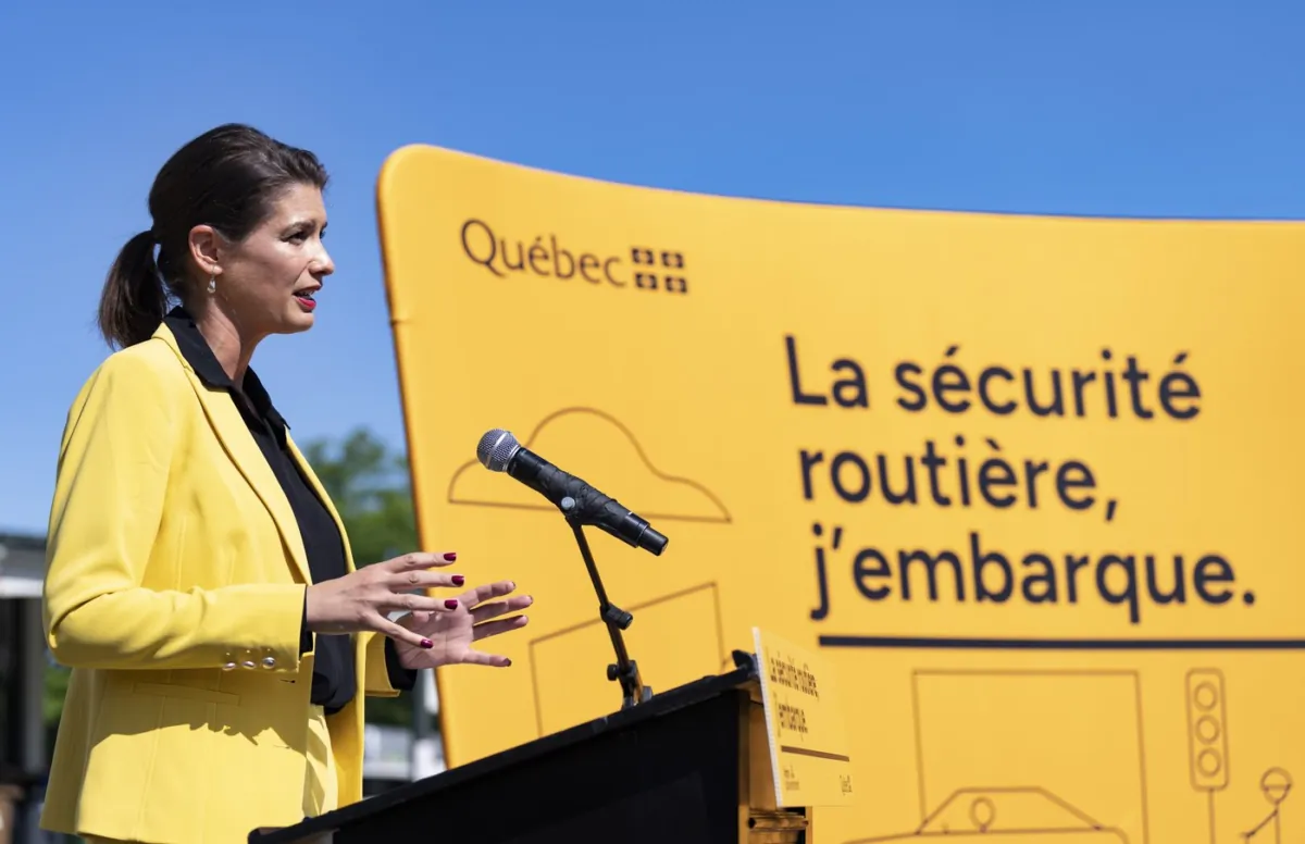 Minister of Transport and Sustainable Mobility Genevieve Guilbault, speaks about new road safety measures at a press conference in Montreal on August 22, 2023. (The Canadian Press/Christinne Muschi)