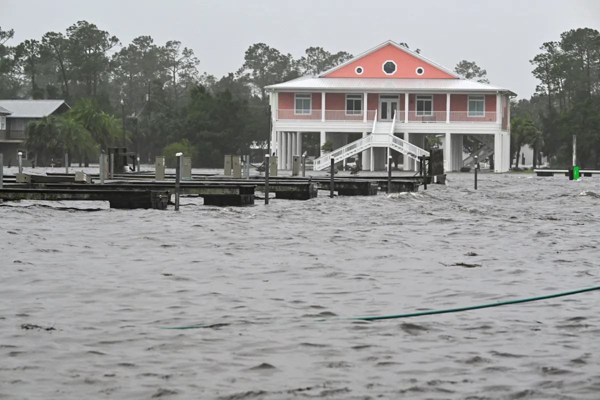 The Steinhatchee marina is seen flooded in Steinhatchee, Florida on August 30, 2023, after Hurricane Idalia made landfall. Idalia barreled into the northwest Florida coast as a powerful Category 3 hurricane on Wednesday morning, the US National Hurricane Center said. "Extremely dangerous Category 3 Hurricane #Idalia makes landfall in the Florida Big Bend," it posted on X, formerly known as Twitter, adding that Idalia was causing "catastrophic storm surge and damaging winds." (Photo by CHANDAN KHANNA / AFP) (Photo by CHANDAN KHANNA/AFP via Getty Images)