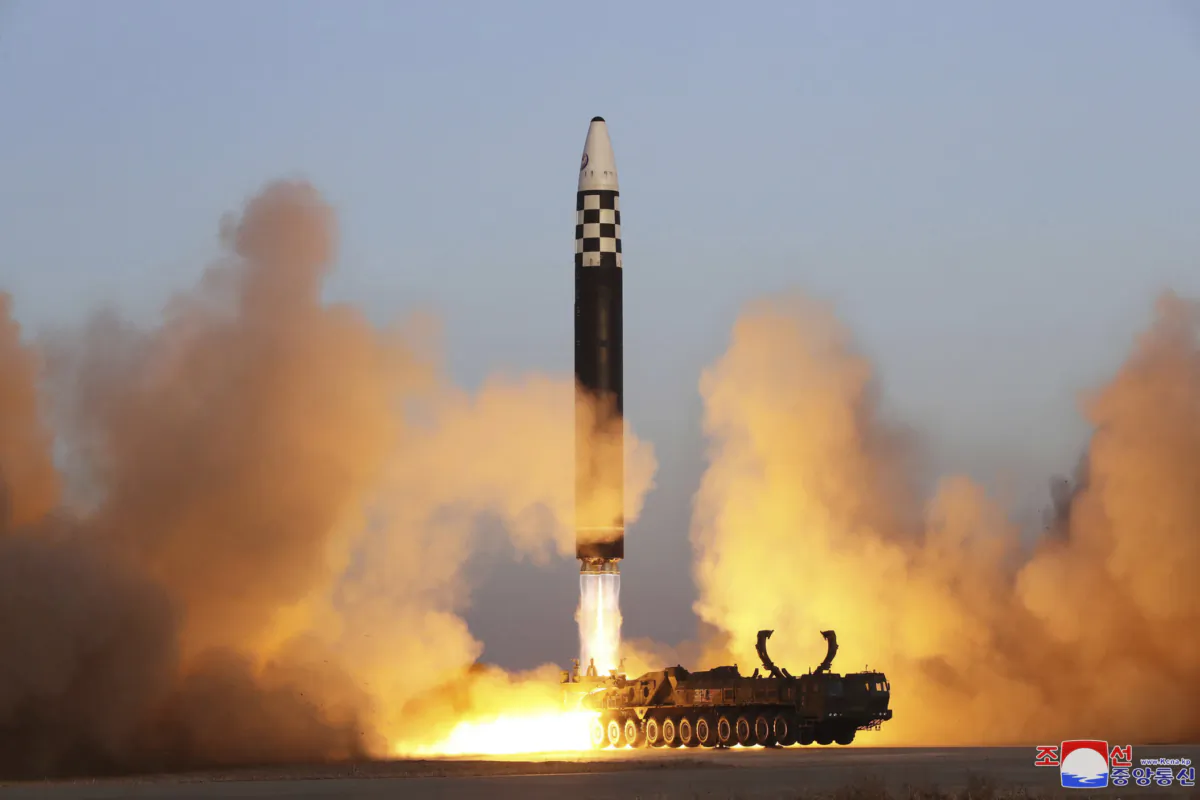 What the North Korean regime says is an intercontinental ballistic missile in a launching drill at the Sunan international airport in Pyongyang, North Korea, on March 16, 2023. (Korean Central News Agency/Korea News Service via AP)