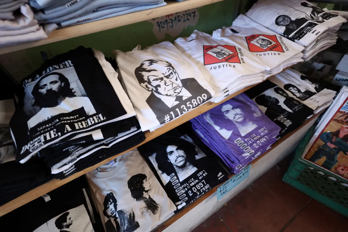 T-shirts with an image depicting the mugshots of former President Donald Trump and Rudy Giuliani at the Y-Que printing store in Los Angeles on Aug. 25, 2023. (Mario Anzuoni/Reuters)