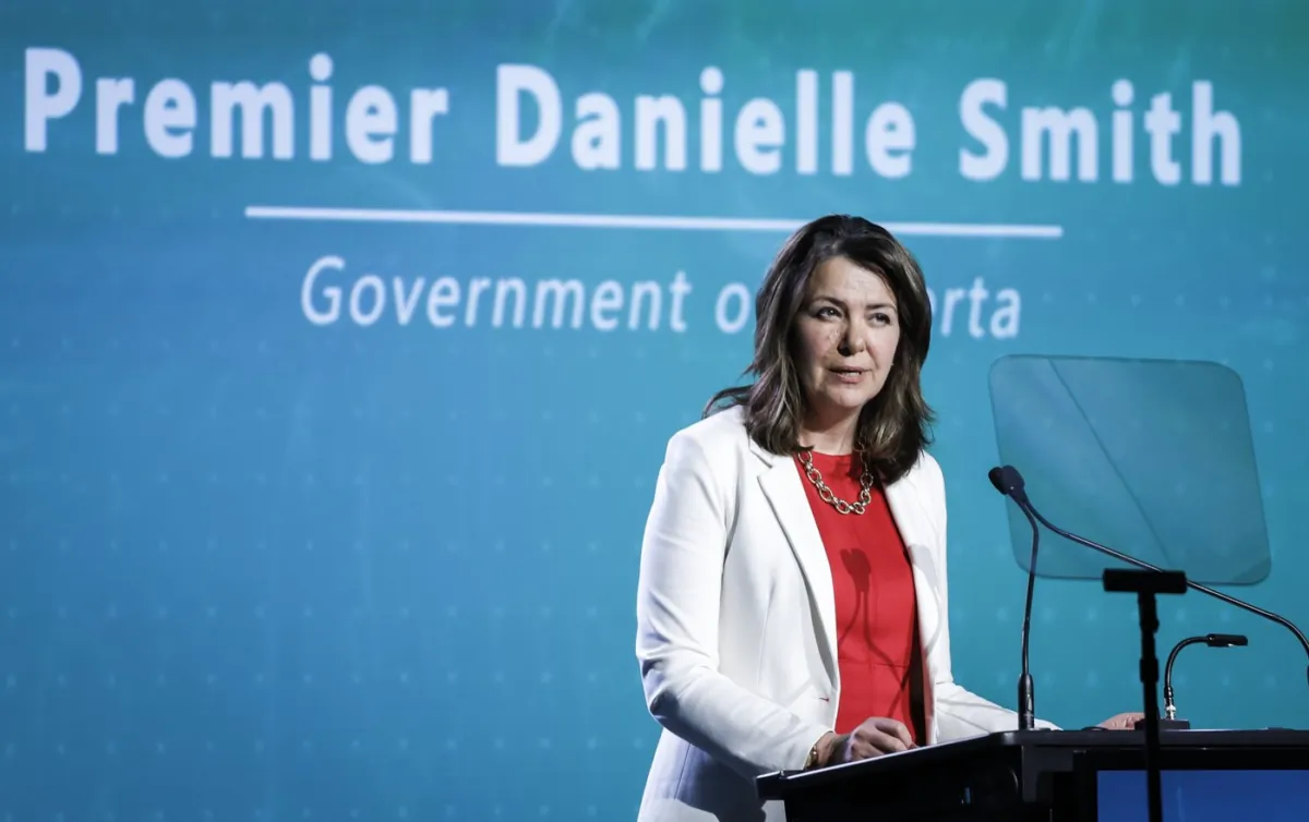 Alberta Premier Danielle Smith speaks to delegates at the Global Energy Show in Calgary on June 13, 2023. (The Canadian Press/Jeff McIntosh)