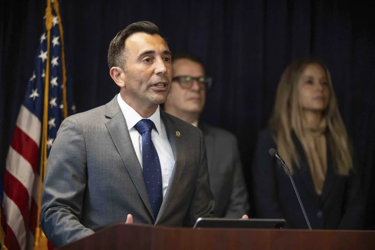 U.S. Attorney Martin Estrada announces in Los Angeles on Aug. 29, 2023, the multinational take down operation of Qakbot malware. (Sarah Reingewirtz/The Orange County Register via AP)