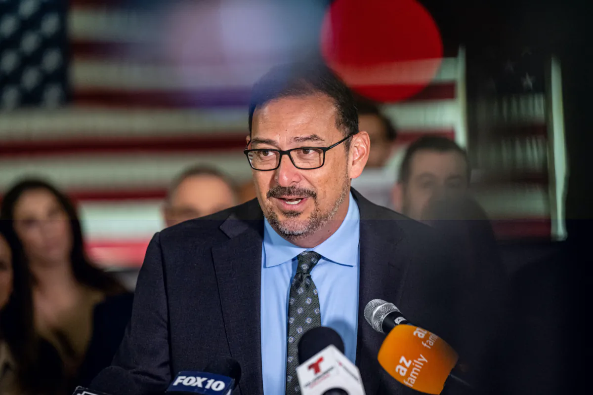 Arizona Secretary of State Adrian Fontes gives a speech at American Legion Post 41 in Phoenix on Nov. 14, 2022. (Jon Cherry/Getty Images)