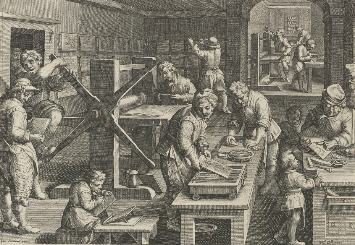 Plate 19 of "New Inventions of Modern Times [Nova Reperta], The Invention of Copper Engraving," circa 1600, by Jan Collaert I after Jan van der Straet (Stradanus). Engraving. The Metropolitan Museum of Art, New York City. (Public Domain)
