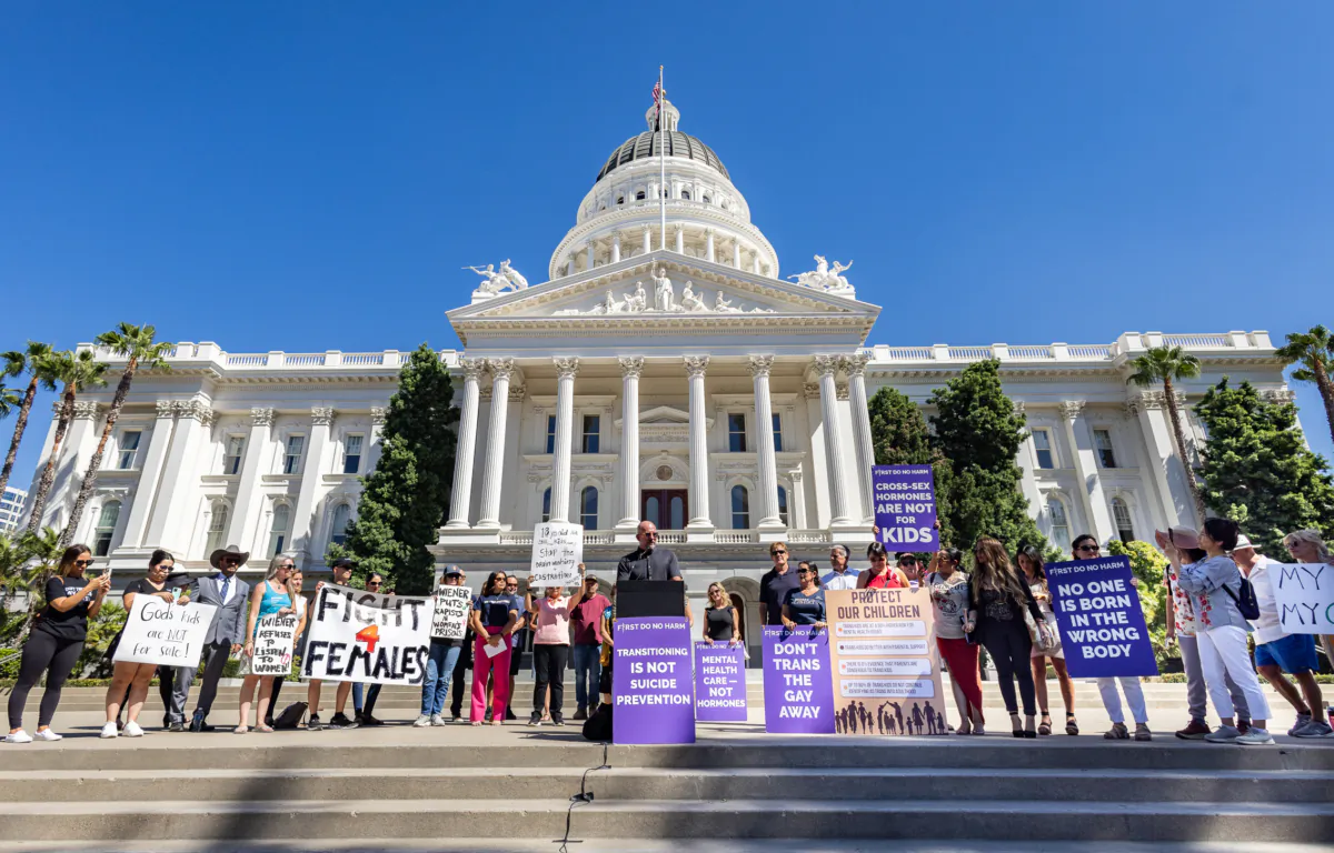 Protect Kids—California, a nonprofit parent and family advocacy group, holds a rally at the California State Capitol building in Sacramento, Calif., on Aug. 28, 2023. (John Fredricks/The Epoch Times)
