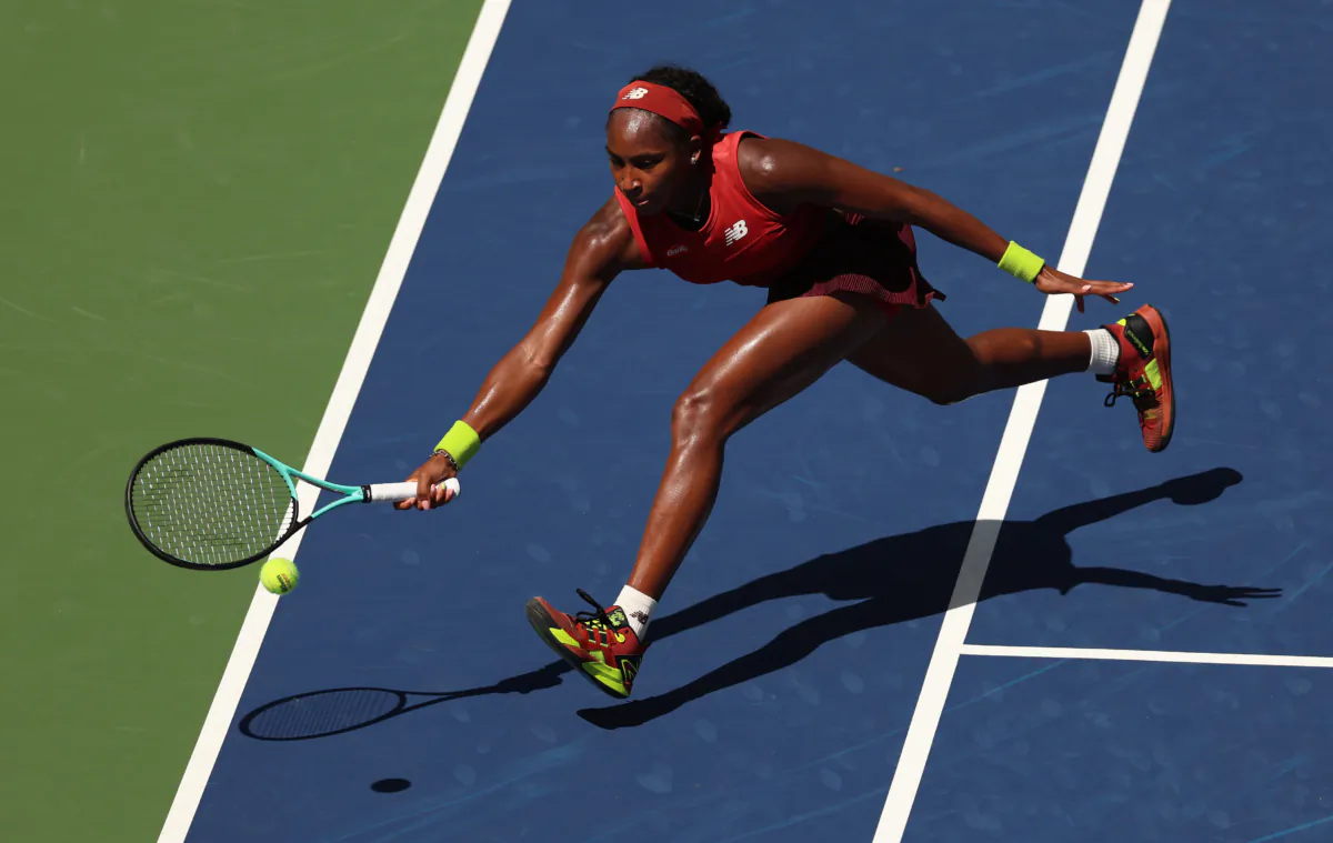 Coco Gauff of the United States plays a forehand volley against Mirra Andreeva during their Women's Singles Second Round match on Day Three of the 2023 US Open at the USTA Billie Jean King National Tennis Center in the Flushing neighborhood of the Queens borough of New York City on August 30, 2023. (Clive Brunskill/Getty Images)