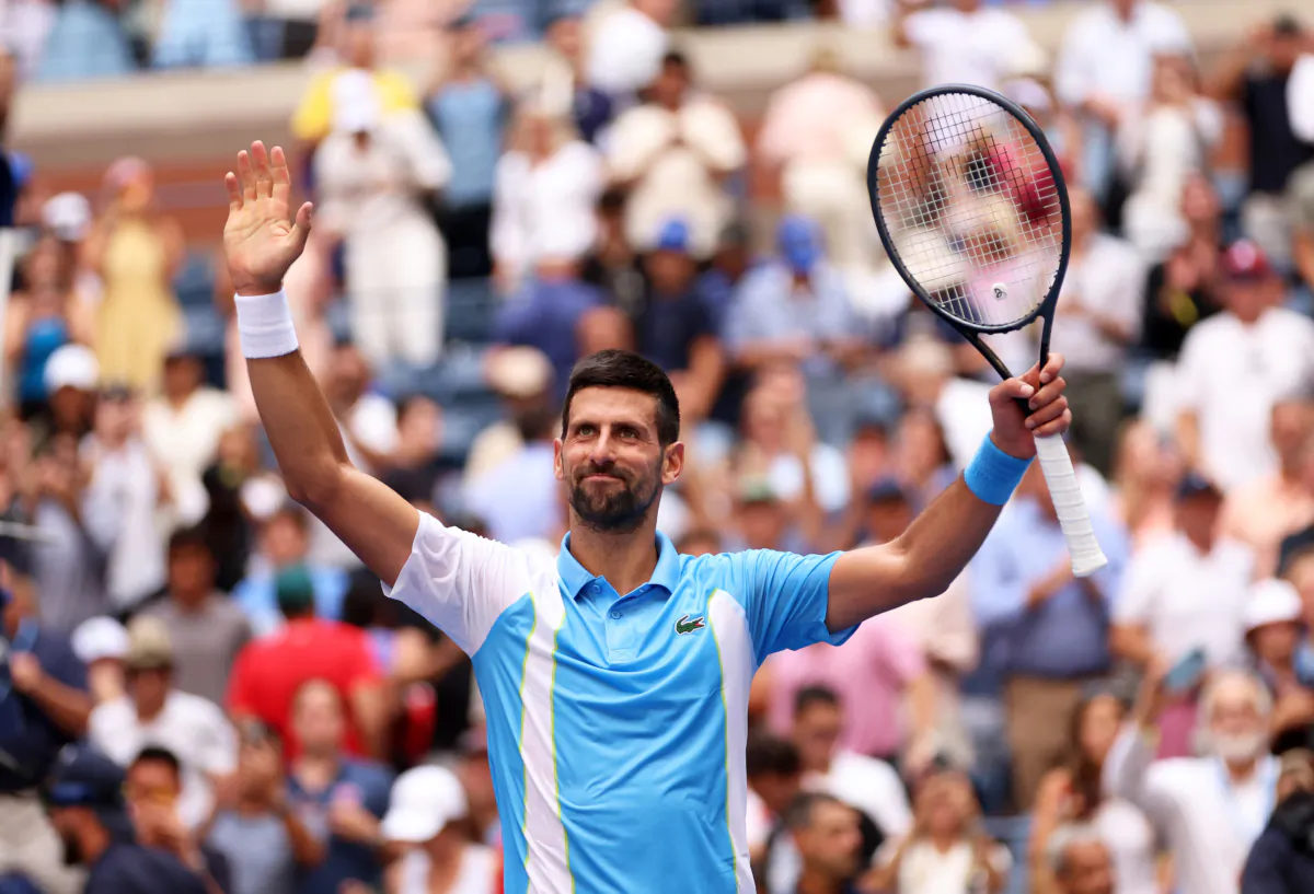 Novak Djokovic of Serbia celebrates to the crowd after his straight sets victor against Bernabe Zapata Miralles of Spain during their Men's Singles Second Round match on Day Three of the 2023 US Open at the USTA Billie Jean King National Tennis Center in the Flushing neighborhood of the Queens borough of New York City on August 30, 2023. (Clive Brunskill/Getty Images)